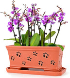 12 * 6.3 * 5.3 Inch Rectangle Ceramic Orchid Pot with Holes & Saucer - Red Effective Drainage & Ventilation for Indoor Orchids