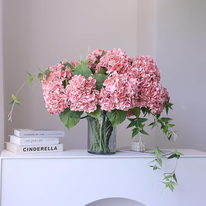 Buart 4PCS 21 inch Big Size Peach Flowers Artificial Silk Hydrangea Lifelike Dry Flowers for Outdoor Wedding, Christmas, Office, Family Party, Living Room Table Decoration