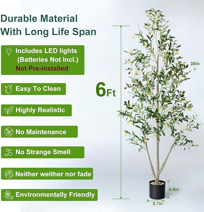 Olive Trees Artificial Indoor, 6FT Tall Faux Olive Tree with Light Kit Moss and Planter, Faux Plants Indoor with Natural Wood Trunk and Lifelike Fruits, Fake Tree for Home Office Living Room Decor