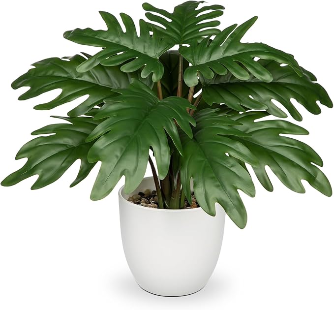Hollyone Faux Monstera Plant Potted Artificial Monstera Deliciosa Plant Fake Tropical Plants in White Pot for Indoor Outdoor Home Desk Office Garden Farmhouse Decoration