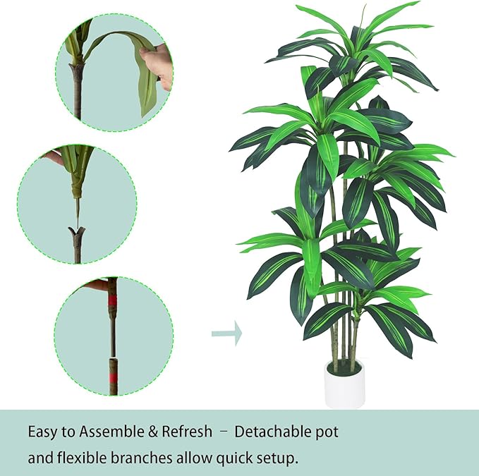 Artificial Dracaena Tree - 5ft Tall Fake Tree for Home Decor Indoor - Realistic Faux Floor Plant with Lifelike Leaves & Resin Trunk - Artificial Plants Indoor for Living Room, Office Sonvviky