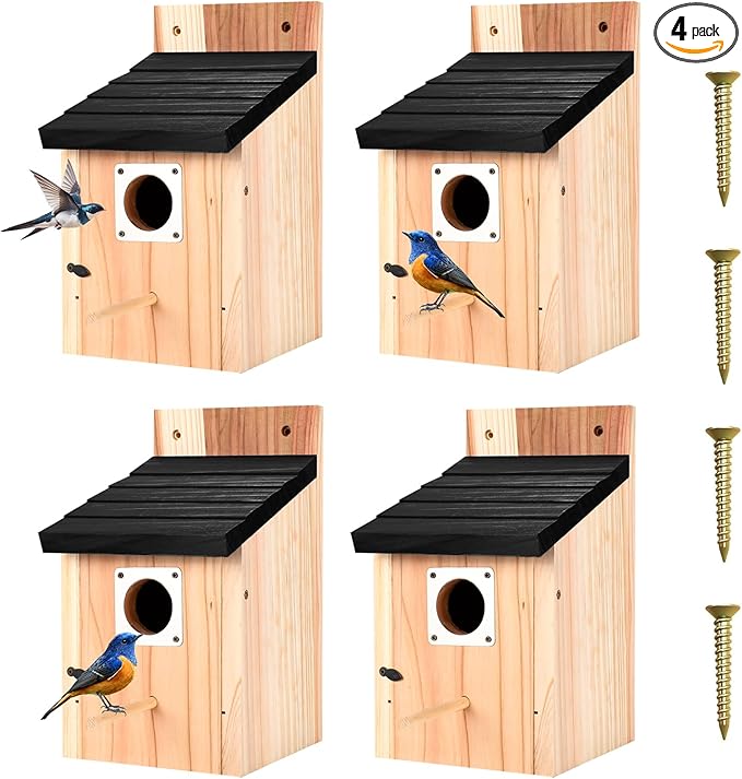 4-Pack Black Wooden Bird Houses for Outdoors with Predator Guard, Bluebird Houses for Outside – Ideal for Bluebirds & Other Backyard Birds, Black