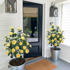 3.6FT Artificial Camellia Fake Tree, Artificial Plants & Flowers with 32 Yellow Flowers for Door Front Decoration Porch Patio Living Room Office Indoor Outdoor Decor (2PCS Contains Faux Moss)