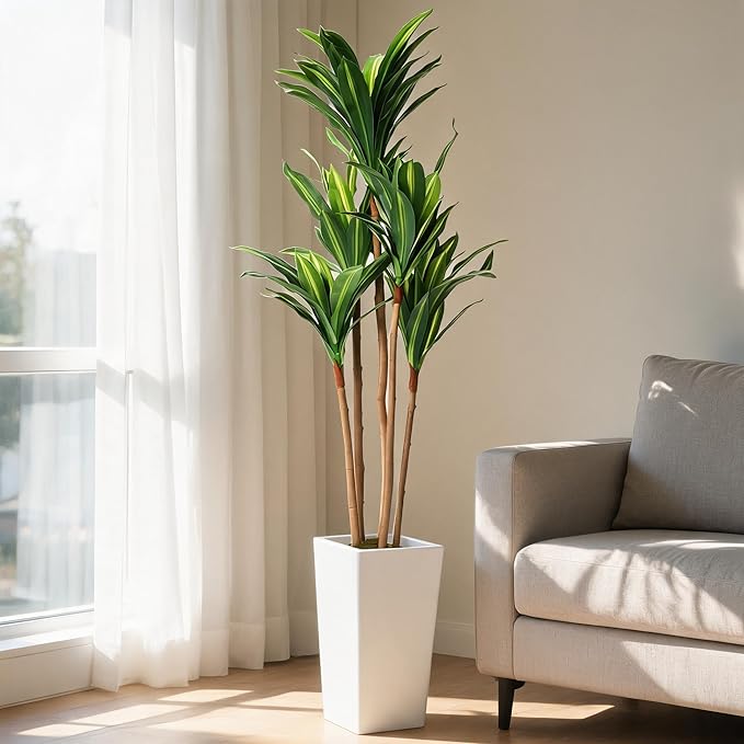 Garvee 4.8FT Artificial Dracaena Plant, Faux Yucca Tree in White Tall Planter, Artificial Trees Fake Floor Plant in Pot for Home Office Indoor Outdoor Decor