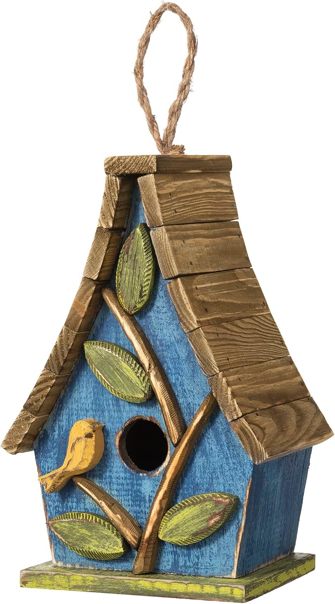Glitzhome Hanging Bird House for Outdoor, 9.5"H Decorative Pet Cottage Distressed Wooden Bird House with Natural Wood Slatted Roof and 3D Tree for Bluebird Swallow Sparrow Finch Cardinals,Washed Blue
