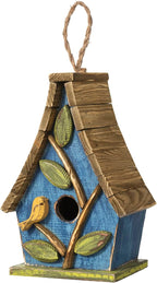 Glitzhome Hanging Bird House for Outdoor, 9.5"H Decorative Pet Cottage Distressed Wooden Bird House with Natural Wood Slatted Roof and 3D Tree for Bluebird Swallow Sparrow Finch Cardinals,Washed Blue