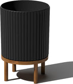 Veradek Demi Series Round Planter w/ Stand for Porch/Patio | Durable Plastic-Concrete & Wooden Stand | Modern Décor for Tall Plants, Flowers
