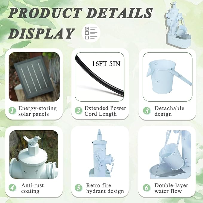 Metal Fire Hydrant Solar Water Fountain with Backup Battery,Solar Powered Water Fountain Outdoor,Solar Fountain Bird Bath for Garden, Patio & Yard Decor,Working at Night for at Least 6 Hours (White)
