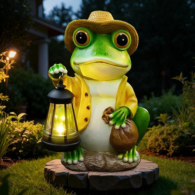 twinbling Frog Garden Statue with Solar Lantern - Large 13 in Solar Frog Statue Outdoor for Yard, Patio, Porch, Lawn and Balcony Decorations, Gift for Gardeners and Housewarming