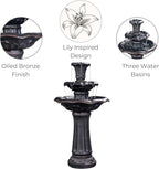 Teamson Home Lily Flower Floor Pedestal 3 Tiered Floor Waterfall Fountain with Pump for Outdoor Patio Garden Backyard Decking, 38 Inch Height, Dark Gray