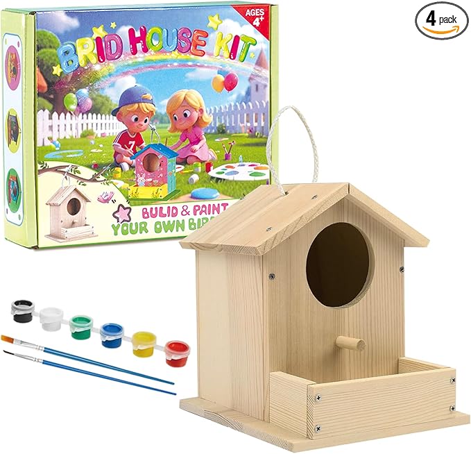 Bird House Kits for Kids Ages 4-8, Wooden DIY Birdhouse Kit, Outdoor Woodworking Crafts Freestyle Painting, Bird Houses for Outside with Paints & Brushes, Boy Girl Gift Christmas(1Pcs)