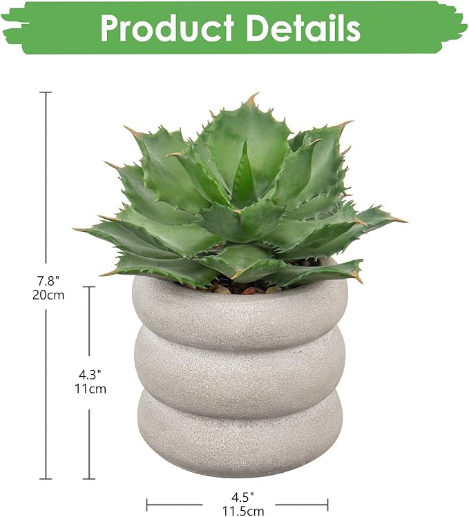 Hollyone Fake Plants Succulents Artificial Agave Succulent Plants Faux Aloe Potted Plant in White Glaze Ceramic Pot for Desk Modern Office Living Room Table Shelf Bathroom Home Indoor Outdoor Decor