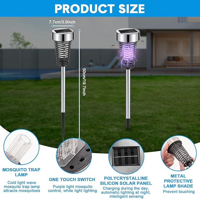 Qualirey 4 Pack Solar Bug Zapper Outdoor Waterproof Mosquito Repellent Killer Bug Zapper Lamp with LED Light for Outdoor Garden Patio Yard (Purple Light,Silver)