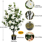 2 Pack 43.3"/3.6FT Artificial Camellia Tree Fake Outdoor Tree with 32 Blooming Flowers White Tree for Home Front Door Winter Christmas Indoor Decor (Including Faux Moss)
