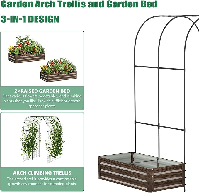 SUNYRISY Galvanized Raised Garden Bed with 87" H Arch Trellis for Climbing Plants Outdoor, Metal Planter Box with Netting for Gardening Flowers Vegetables Fruit, Wood Grain