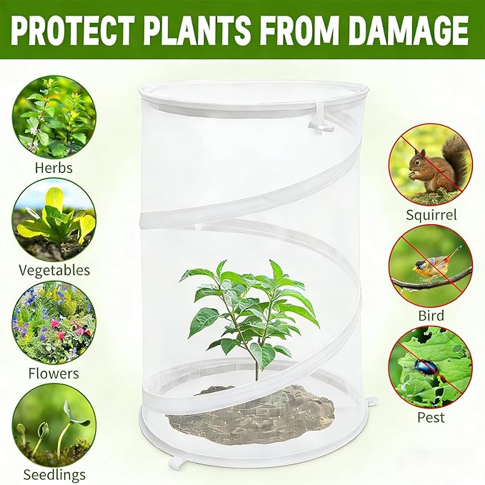 4 Pcs Pop Up Mesh Plant Protectors, 21 x 13 Foldable Garden Cover, Specifically Designed for Outdoor Vegetables, Seedlings & Flowers, Animal Barrier Cloches with Stakes (White)