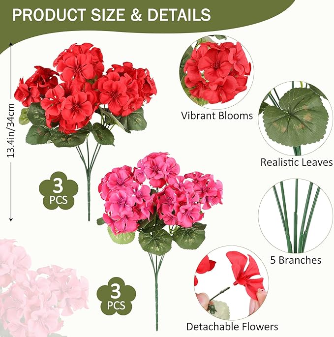 AGIRL 6 Bundles Artificial Geranium Flowers for Outdoors Spring Decor Geraniums Silk Flowers UV Resistant Lifelike Faux Flowers for Outdoor Garden Patio Porch Balcony Home Decor(Red 3,Rose Red 3)