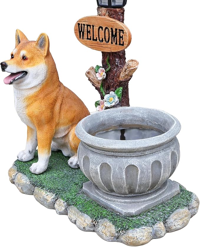 Animal Outdoor Statue Planter Solar Light Welcome Garden Sculpture Resin Flower Pot Decorative Porch Patio Yard Lawn Entryway Figurine with LED Lamp Rustic Plant Holder Ornament Courtyard (K)