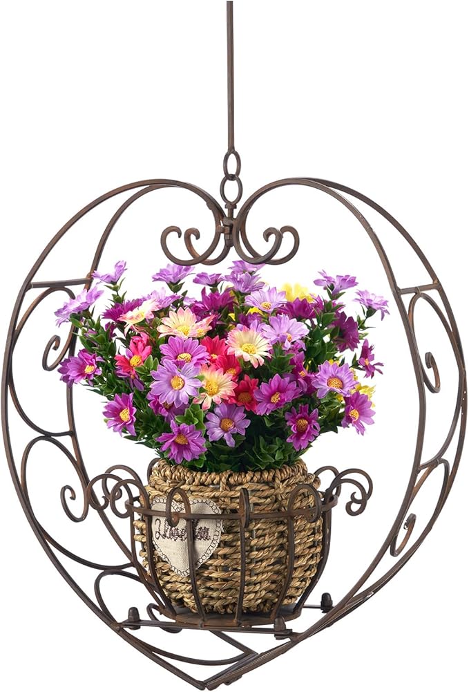 Hanging Plant Holder,Wrought Iron Heart Shape Plant Pot Holder, Indoor & Outdoor Hanging Planters Holder for Patio, Porch, Bedroom, Living Room（Raw Embroidery Color）