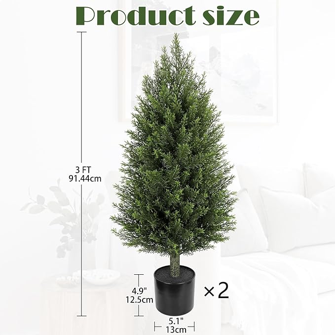 Hollyone Artificial Topiary Cedar Trees 3FT Tall Faux Cedar Cypress Plants Tree Fake Pine Shrubs Plant Potted for Outdoor Indoor Front Porch Home Living Room Decor, Set of 2