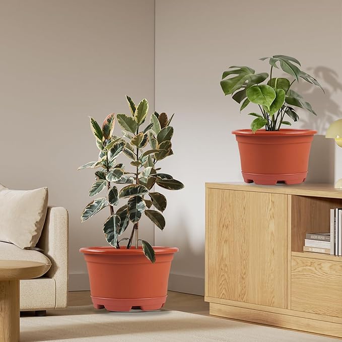 KPUVX 5 Pack 10.5 inch Plant Pots,Planter-Pots-for-Plants-Indoor-Outdoor，Plastic Flower Pot for Indoor Outdoor Plants with Drainage Holes & Trays, Decorative Garden Containers Sets for Houseplants
