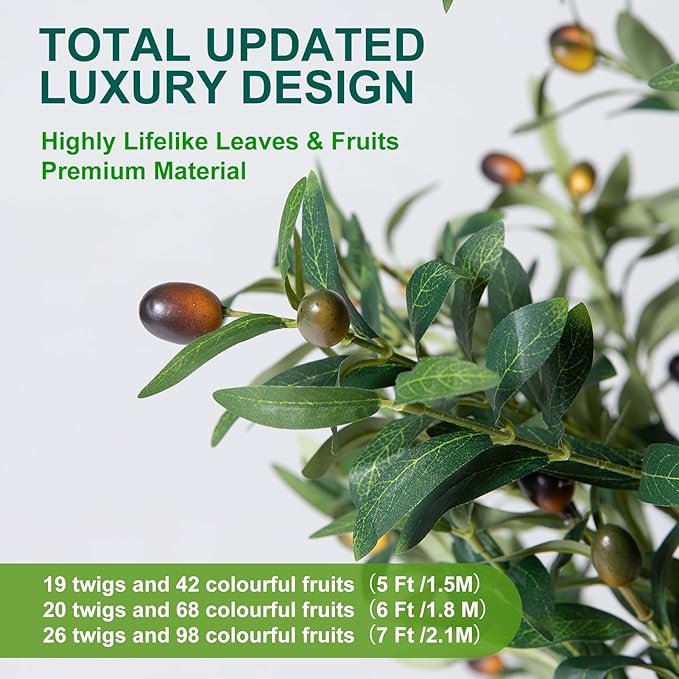 Olive Trees Artificial Indoor, 7FT Tall Faux Olive Tree with Moss and Planter, Artificial Plants Indoor with Natural Wood Trunk and Lifelike Fruits, Fake Tree for Home Office Living Room Decor