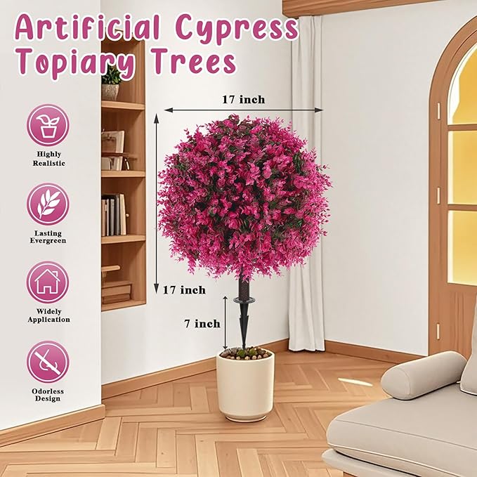 Grooy Artificial Topiary Tree with Pink Eucalyptus, Set of 2 Artificial Shrub Bushes with Ground Spike, Fake Evergreen Tree for Porch, Artificial Plants for Outdoor Planters Indoor UV Resist
