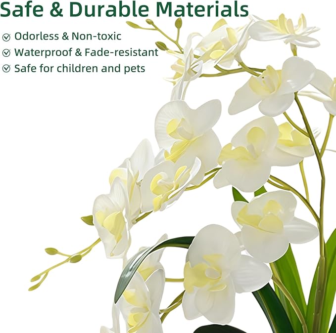 Artificial Orchid Potted Plant, White Fake Orchid Flowers with White Pot, Bendable Faux Phalaenopsis Flower Arrangement for Home Office Table Centerpiece Wedding Party Bathroom Decor