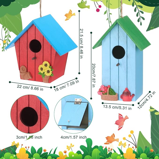 DoubleFill 2 Pcs Birdhouses for Outdoor Hanging Yard Outside Wooden Birdhouse Hand Painted Bird Box for Bird Lovers Bluebird Tree Garden Decor Decorative Birdhouse(Elegant Color,Wooden Roof)