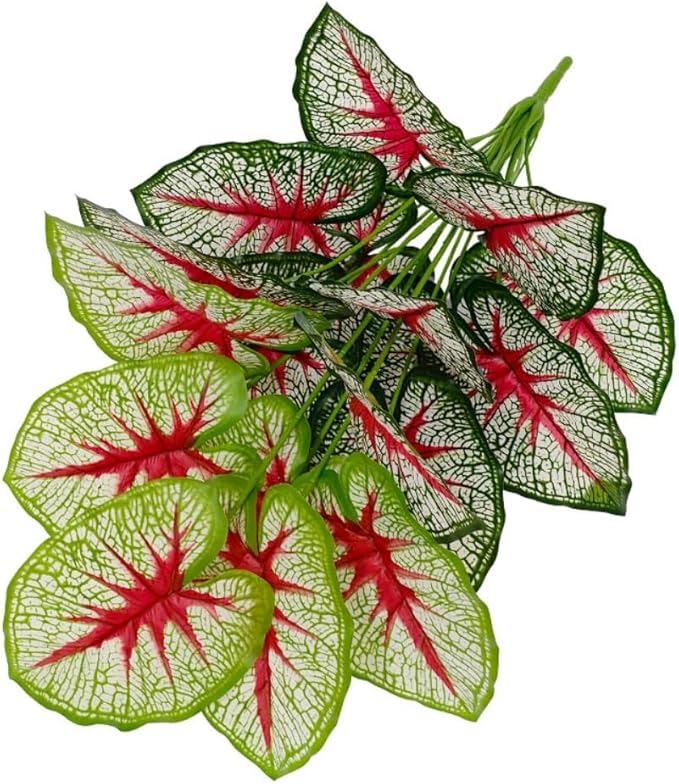 Artificial Caladium Plant with Red and Green Leaves, Red Leaf Artificial Plants Decoration Simulated Bonsai Potted Decor Home Room Party Wedding Office Floor (White(No Flowerpot), 75cm)