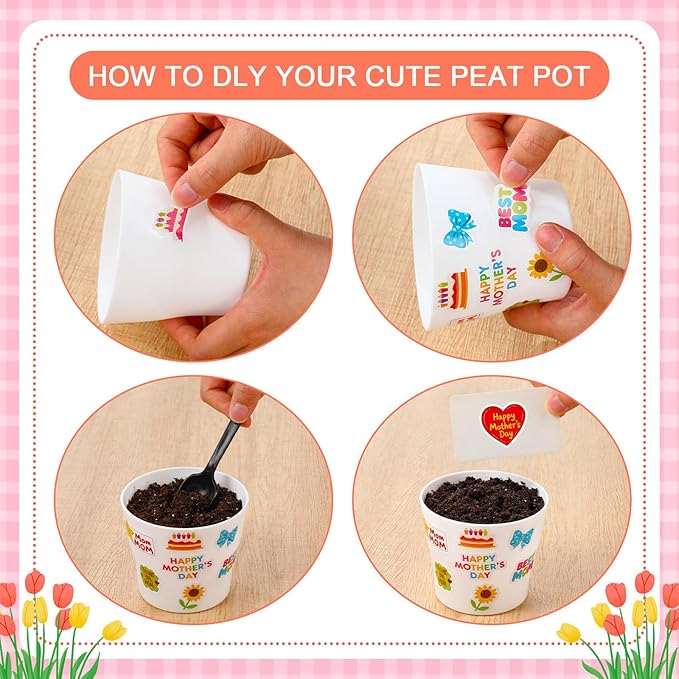 Domensi 30 Pack Garden Pot Craft Kit 4 Inch DIY Happy Mother's Day Crafts for Kids Bulk Small Plastic Flower Plant Pot Plastic Planter with Tray Drainage Holes with Tag, Certificate of Award, Sticker