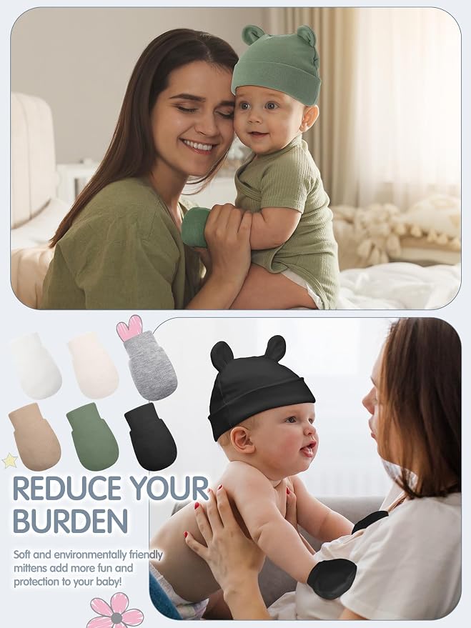 Geyoga 12 Pieces Newborn Hat Mittens Gloves Set Baby Boys Girls Cotton Baby Beanie for 0-12 Months