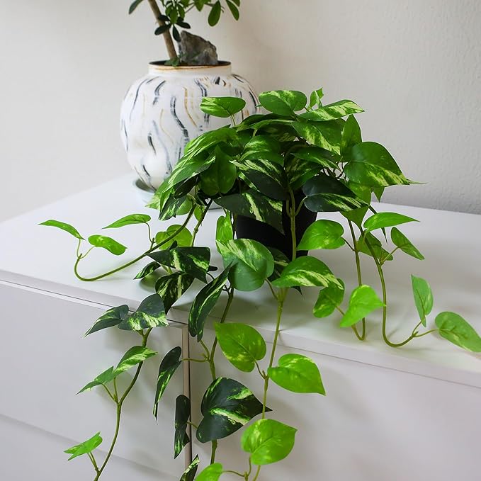 Fake Pothos Hanging Plants, 33" Potted Artificial Hanging Plant, Faux Pothos Silk Vines Hanging Plant Greenery for Home Living Room Indoor Decor