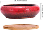ARTKETTY Succulent Pots - 7.3 Inch Large Succulent Planters with Drainage Ceramic Bonsai Pots with Bamboo Tray, Shallow Planters for Indoor Cactus Plants Decorative Flower Plant Container