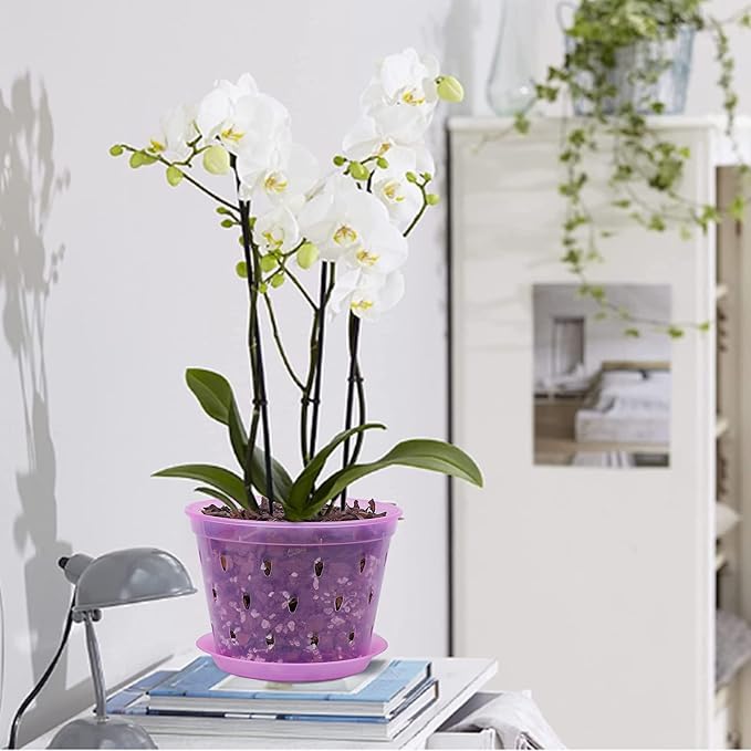 Orchid Pot, 6.7 Inch 8 Pack Orchid Pots with Holes and Saucers,Plastic Orchid Planter - Rose Quartz