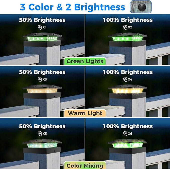 Peasur 2 Packs 4x4 Solar Post Lights Outdoor, Green & Warm White LED Fence Caps Light Waterproof, Wood & Vinyl Post Top Lighting for Deck Mailbox Railing Porch Outside