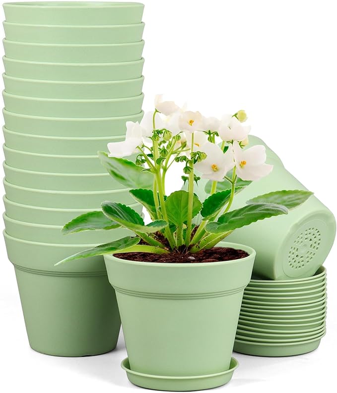 Meowell 6 inch Plastic Nursery Pots, 16 Pack Plant Pots for Small Indoor Outdoor Plants, Flower Pots with Drainage Holes and Saucers, Decorative Seeding Starter Planters for Houseplants, Green