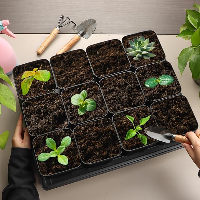 RooTrimmer 4 inch (10CM) Square Nursery Pots 120pcs, Sturdy Seedlings Trays 10 Pcs, Seeds Starter Germination Tray, Microgreening Planter Nursery Propagation 10 Sets