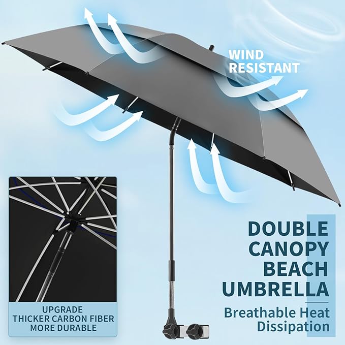 2 Pack 48.6" Double Canopy Umbrella with Clamp, UPF50+ Beach Chair Umbrella with clip, 360°Adjustable Portable Outdoor Wheelchair, Patio, Golf Carts,Camping(Not Include Chair)