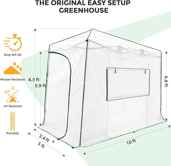 EAGLE PEAK 10x5 Portable Walk in Greenhouse, Pop Up Indoor Outdoor Greenhouse, Green House Kit with Zippered Roll-Up Doors and Windows, Lean-to Design, PE Cover, Clear/White