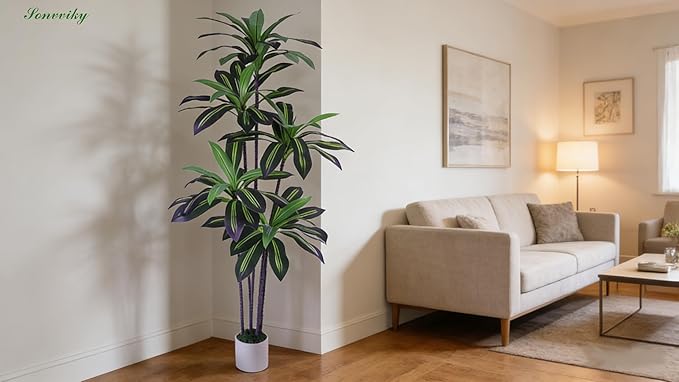 6ft Artificial Dracaena Tree for Home Decor, Potted Faux Plant with Realistic Wood Trunk & Lifelike Leaves, Low--Maintenance Tall Floor Tree for Living Room, Office Sonvviky (6ft)