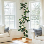 7ft Artificial Rubber Tree with 8 Pcs Magnolia Flowers,Tall Fake Tree with White Planter and Moss Decor,Faux Plants Indoor for Home Living Room Porch Decor