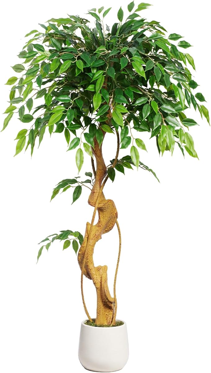4ft Large Ficus Artificial Trees in White Pot, 48" Tall Fake Silk Tree with Natural Curved Trunk, Lush Faux Ficus Tree for Indoor Home Decor, Living Room, Office & Patio