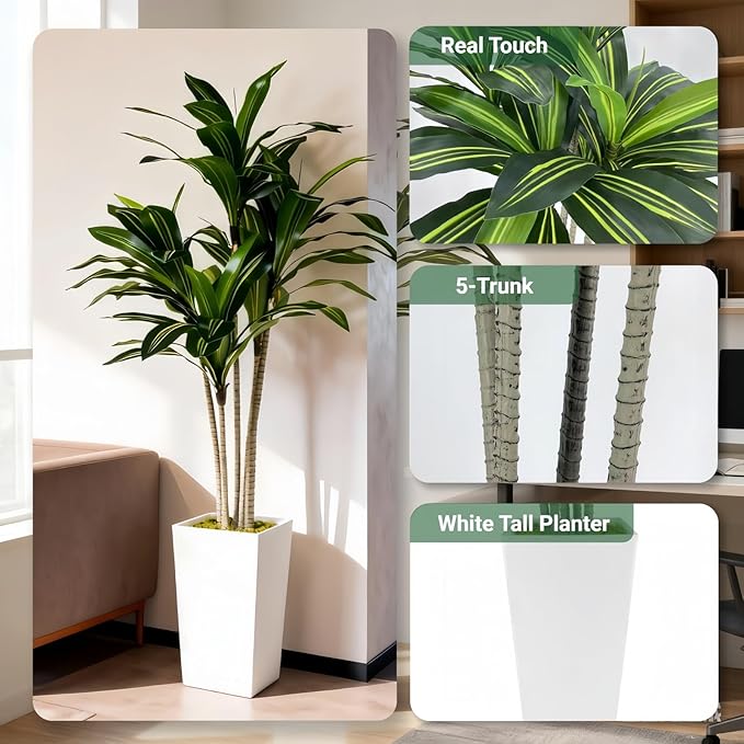 Artificial Dracaena Tree 5FT with White Tall Planter - Faux Tree Tall Fake Floor Plant in Pot-Artificial Plants Indoor for Home Office Living Room Décor (Dracaena 5ft)