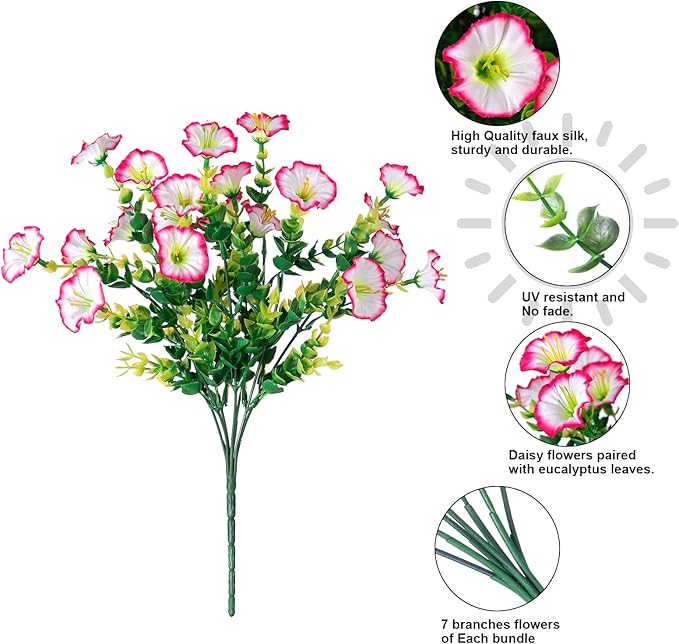 HyeFlora Artificial Faux Outdoor Flowers Plants for Spring Summer Decoration, 12 Bundles Silk Outside Morning Glory UV Resistant Realistic Fake Flowers for Planter Front Door Patio Yard Window Porch