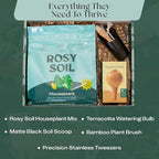 Rosy Soil Indoor Plant Parent Gift Set for Mother's Day - Houseplant Potting Soil with Modern Sprout Terracotta Watering Bulb, Soil Scoop, Plant Brush & Tweezers