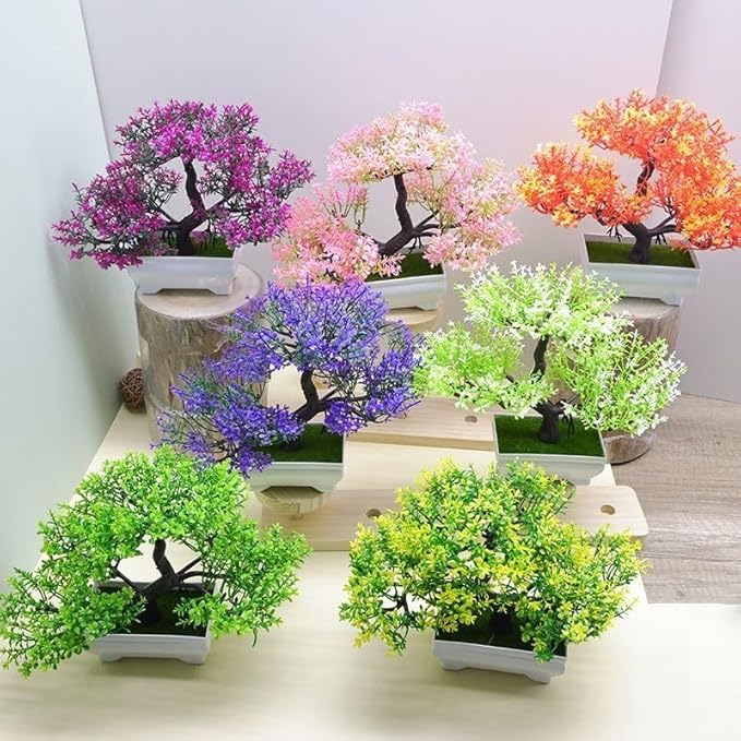 Mini Artificial Bonsai Tree Plants Artificial Plant Welcome Pine Tree with Plastic Cement Pots for Home Office Décor (White)