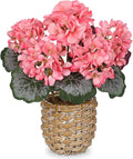 Briful Artificial Pink Geranium Flowers in Woven Basket, 11’’ Tall Silk Flower Arrangement, Realistic Geraniums Artificial Outdoor Plants for Home Indoor Farmhouse Table Wedding Centerpiece Decor