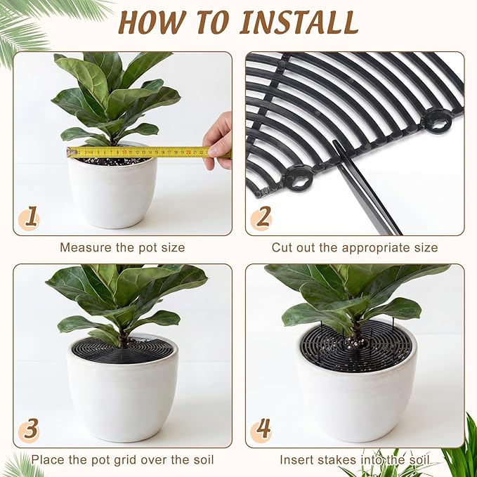 Nuanchu 6 Pcs Plant Pot Covers Grid Soil Protector from Animals 11.8" Cuttable Flower Protector Cat Digging Stopper Plant Pot Cover with Stakes for Indoor Outdoor Gardening, Round Square (Black)