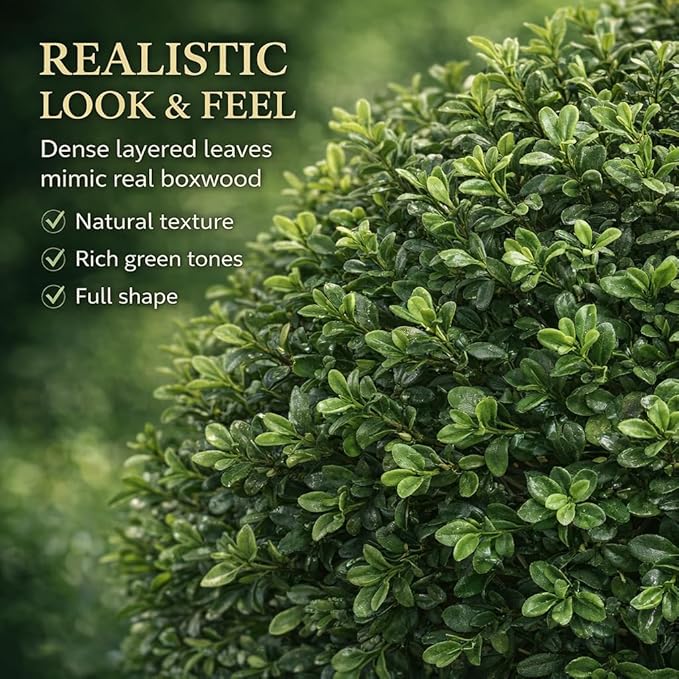 Real Touch Leaves Artificial Topiary Trees, 24" T with 17" W Faux Boxwood, Set of 2 UV Resistant Plants, Decorative Indoor Outdoor Trees with 6"x5" Pots for Home, Office, and Garden Decor